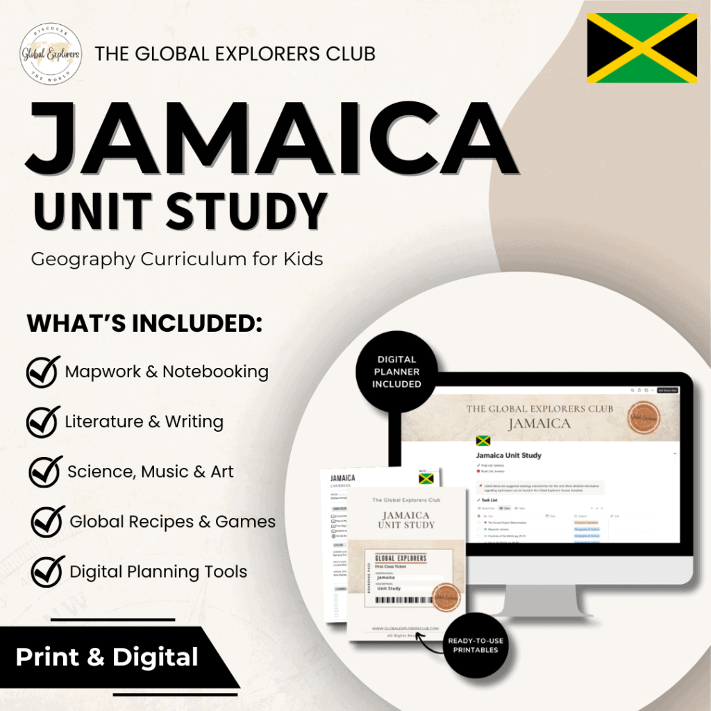 Literature-based Jamaica unit study, part of the Global Explorers Club's homeschool geography curriculum featuring hands-on cultural activities for kids