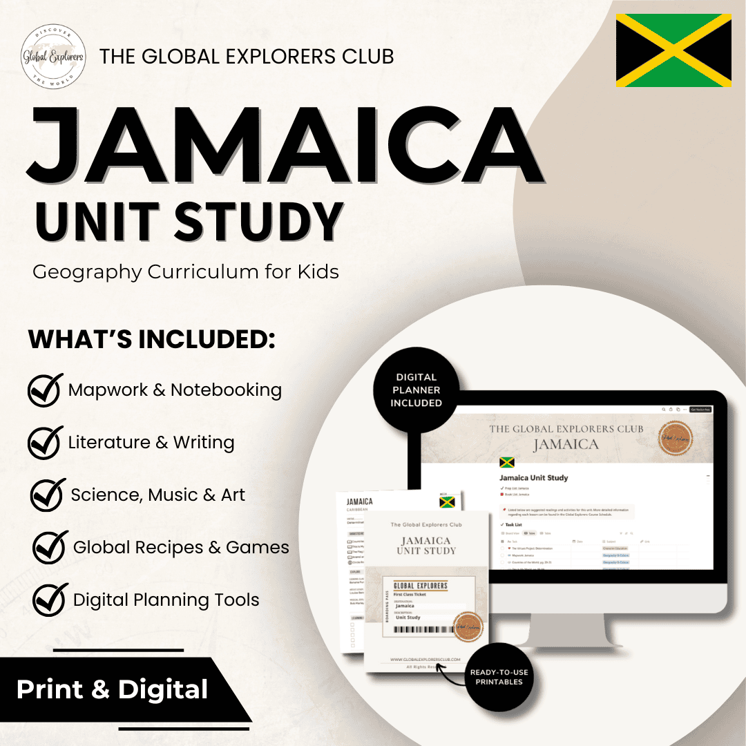 Literature-based Jamaica unit study, part of the Global Explorers Club's homeschool geography curriculum featuring hands-on cultural activities for kids
