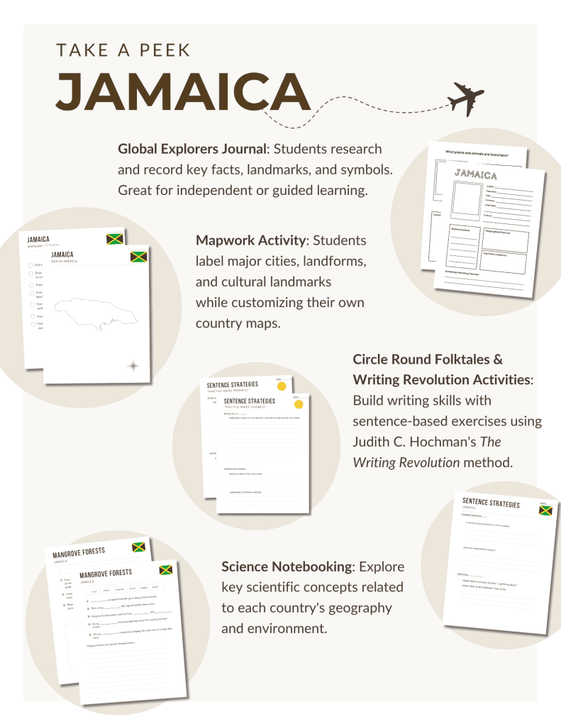 Jamaica unit study, featuring mapwork activities, notebooking pages, Circle Round folk tales, The Writing Revolution sentence activities, and more