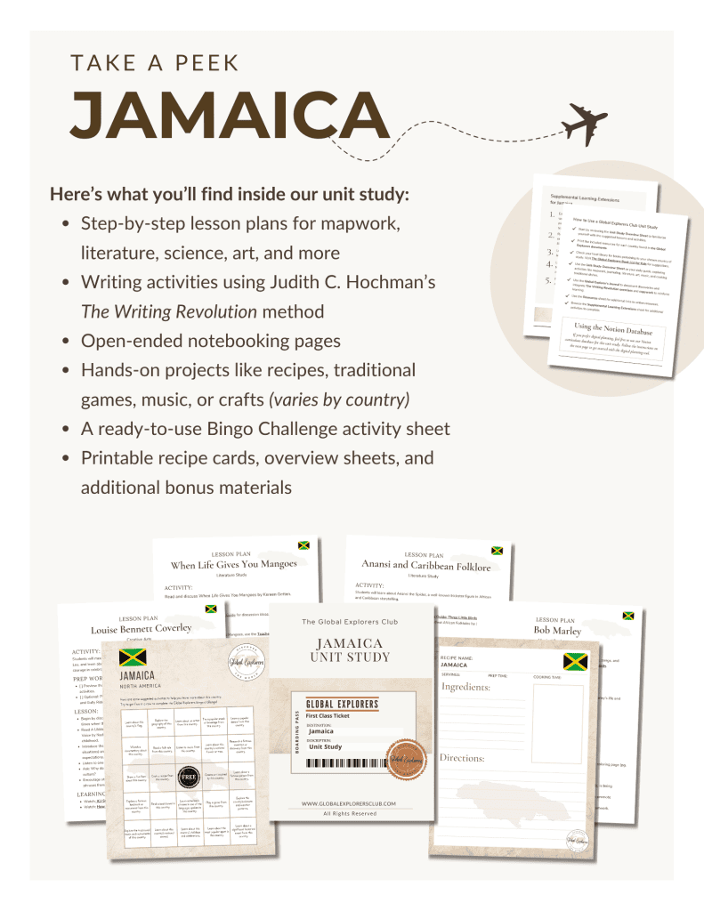 Literature-based Jamaica unit study, part of the Global Explorers Club's homeschool geography curriculum featuring hands-on cultural activities for kids