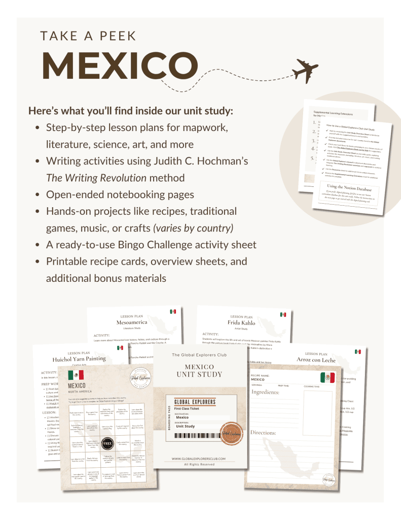 Literature-based Mexico unit study, part of the Global Explorers Club's homeschool geography curriculum featuring hands-on cultural activities for kids
