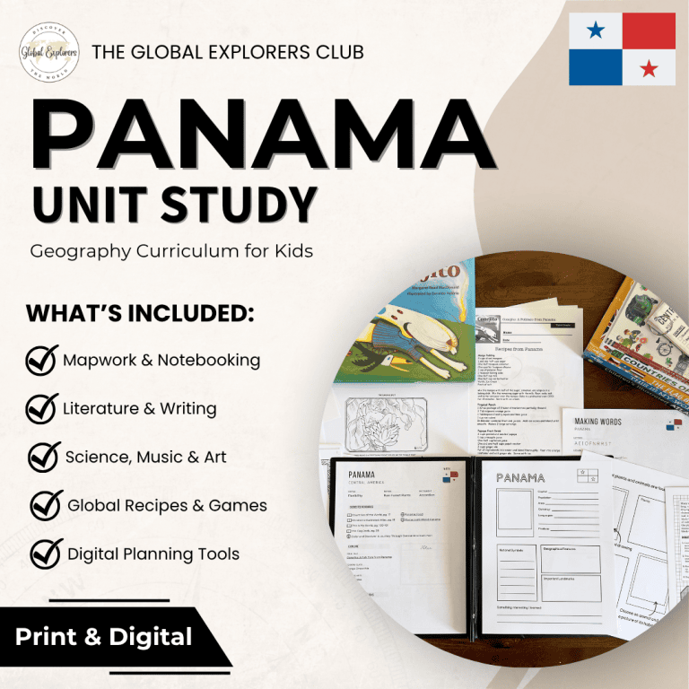 Literature-based Panama unit study, part of the Global Explorers Club's homeschool geography curriculum featuring hands-on cultural activities for kids