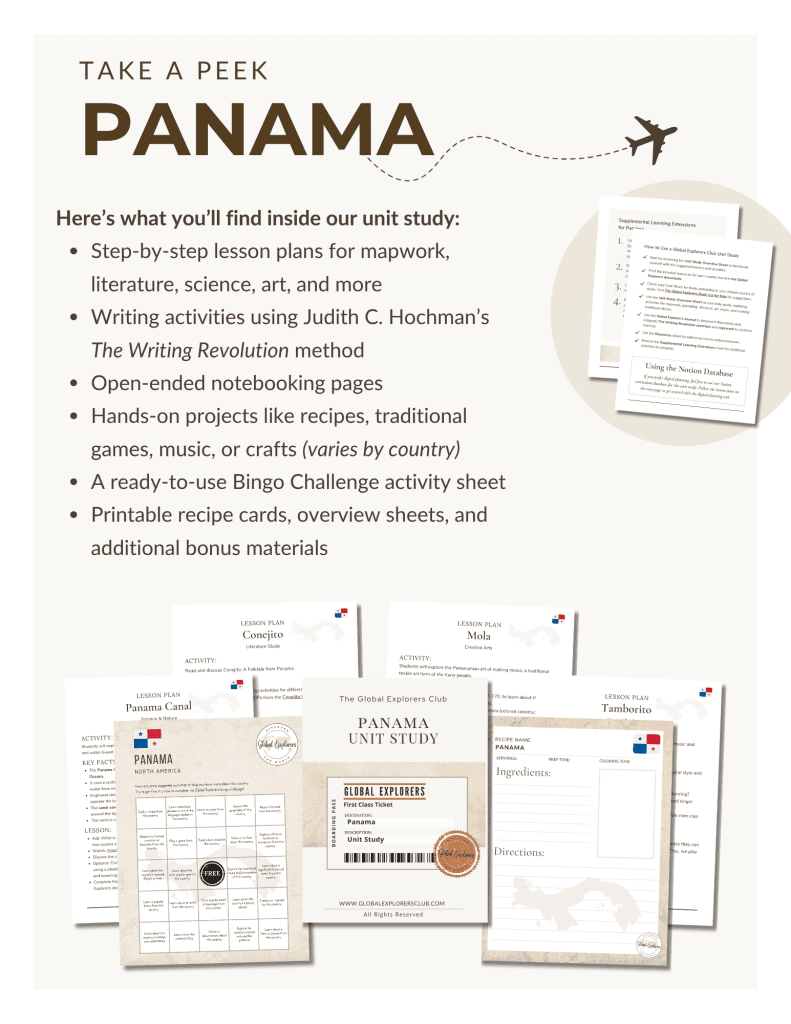 Literature-based Panama unit study, part of the Global Explorers Club's homeschool geography curriculum featuring hands-on cultural activities for kids