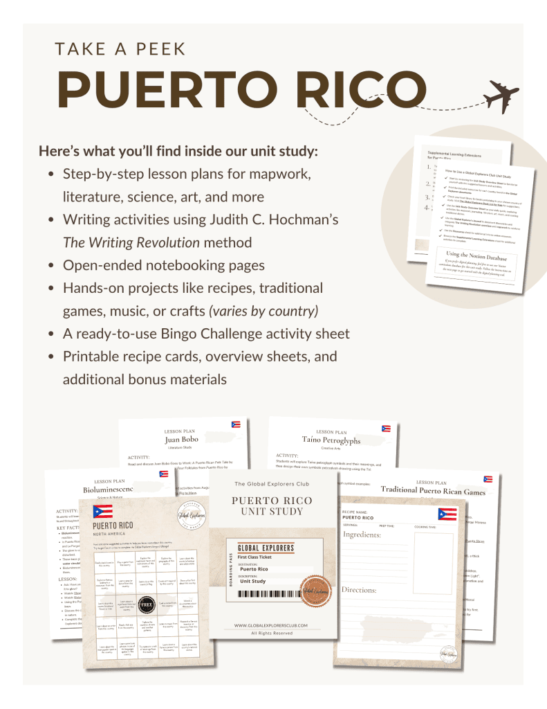 Literature-based Puerto Rico unit study, part of the Global Explorers Club's homeschool geography curriculum featuring hands-on cultural activities for kids