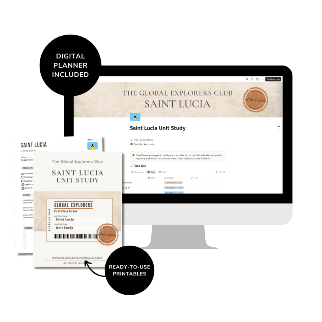 Global Explorers Club: Saint Lucia Unit Study - Notion planner and PDF lesson plans for geography curriculum