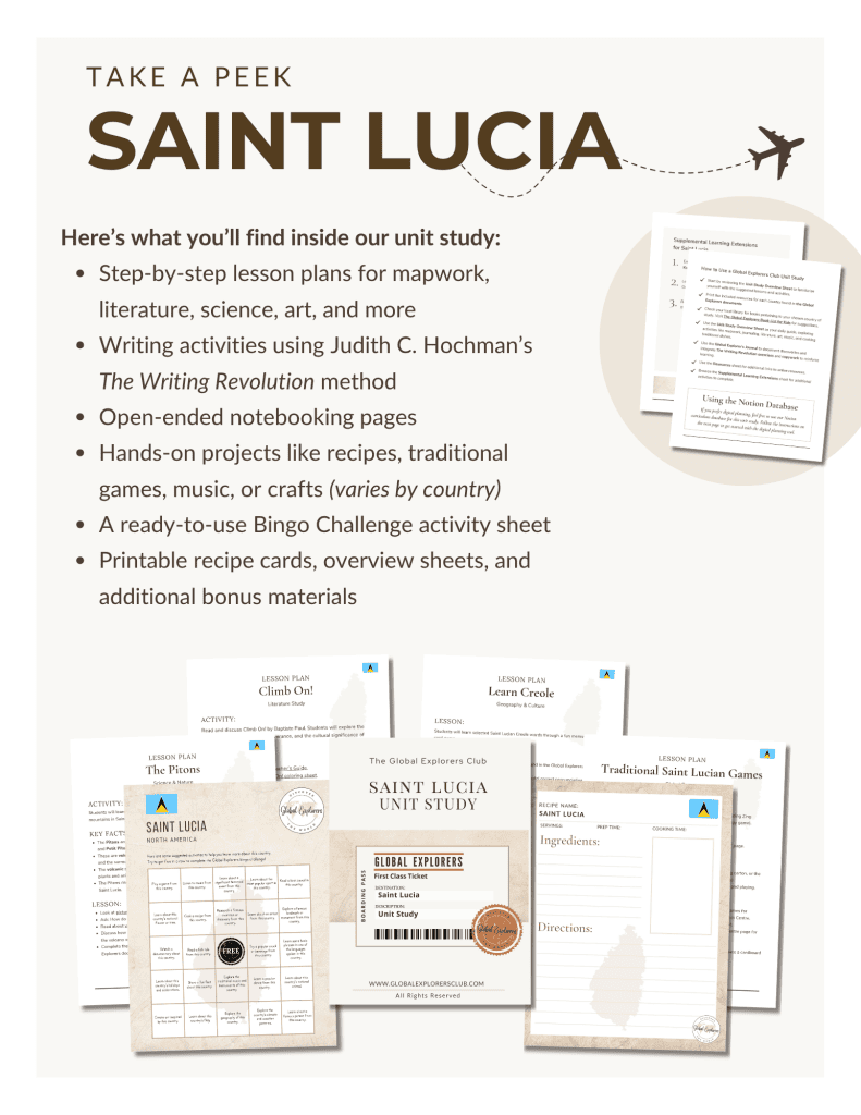 Literature-based Saint Lucia unit study, part of the Global Explorers Club's homeschool geography curriculum featuring hands-on cultural activities for kids