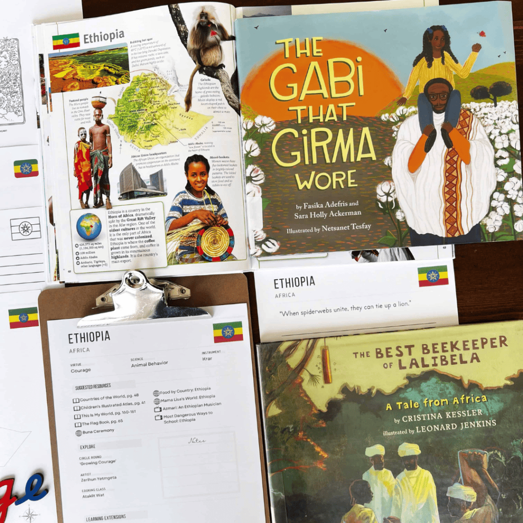 Ethiopia unit study, part of the Global Explorers Club's literature-based homeschool geography curriculum featuring hands-on cultural activities for kids