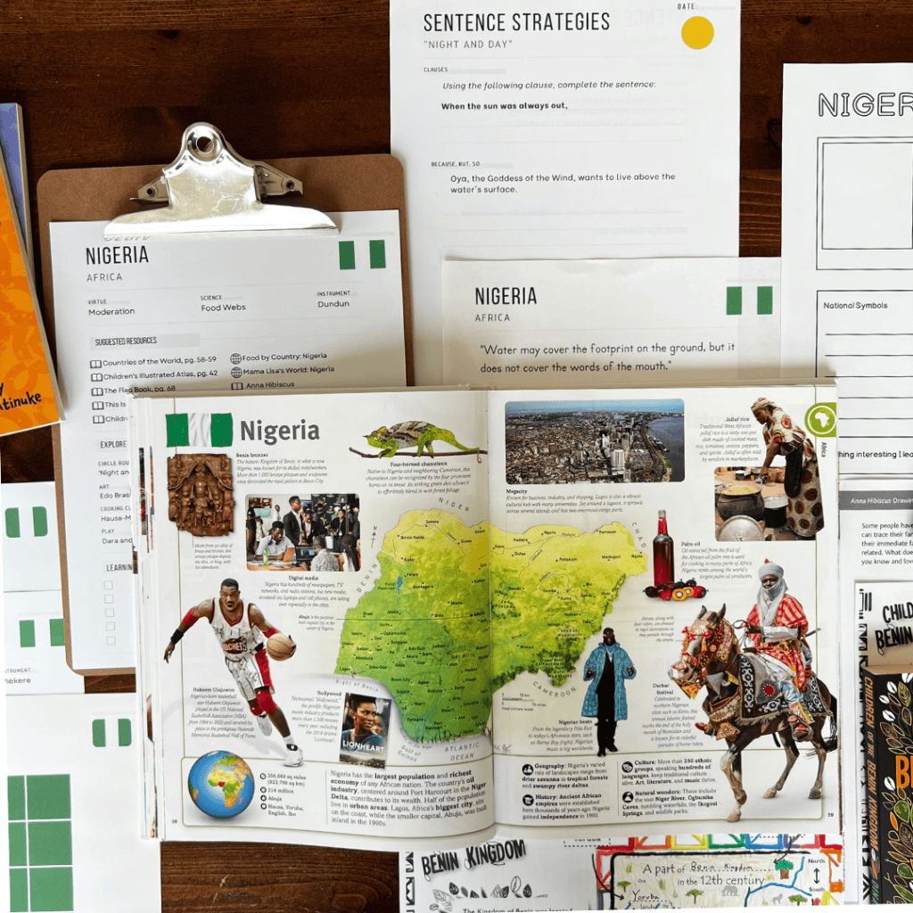 Nigeria unit study, part of the Global Explorers Club's literature-based homeschool geography curriculum featuring hands-on cultural activities for kids
