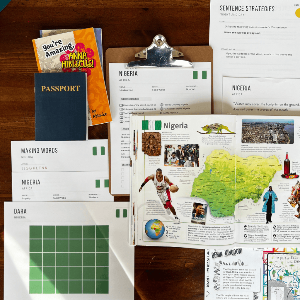Nigeria unit study, part of the Global Explorers Club's literature-based homeschool geography curriculum featuring hands-on cultural activities for kids