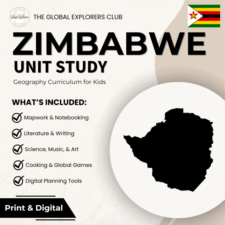 Zimbabwe unit study, part of the Global Explorers Club's literature-based homeschool geography curriculum featuring hands-on cultural activities for kids