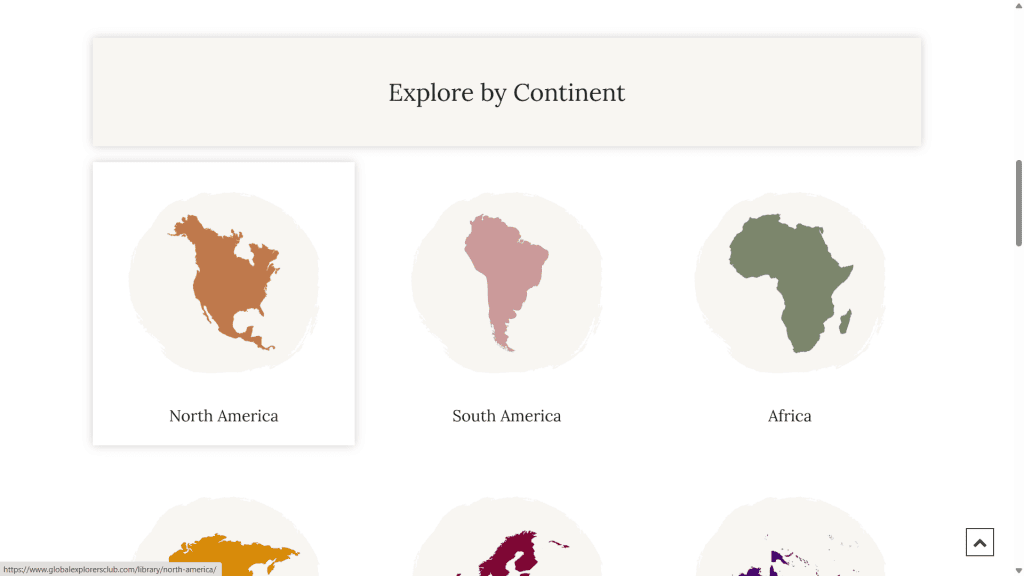 Global Explorers Curriculum Library organized by continent studies including North America, South America, Africa, Asia, Europe, and Oceania