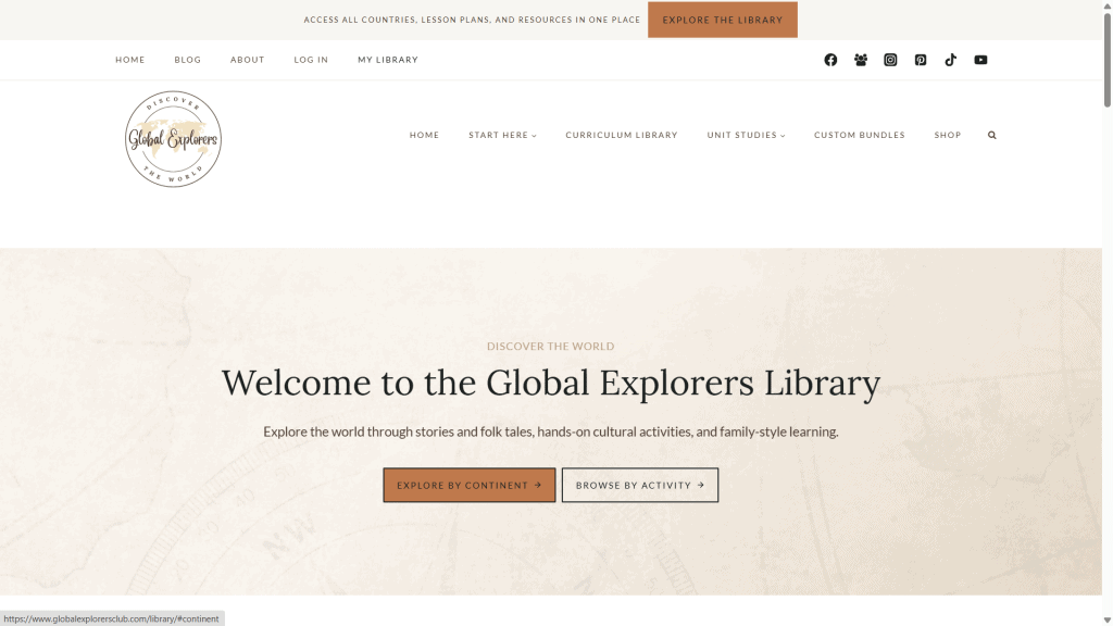 Global Explorers Curriculum Library organized by continent studies including North America, South America, Africa, Asia, Europe, and Oceania