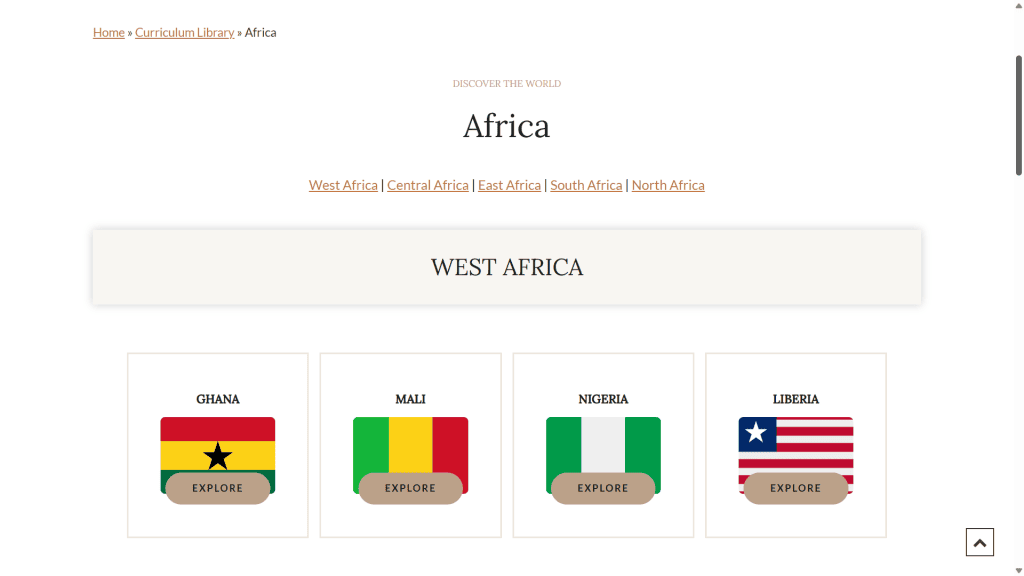 Online homeschool geography curriculum library dashboard organized by country