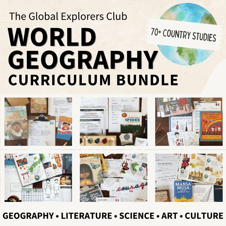 The Global Explorers World Geography Curriculum Bundle is a literature-based curriculum that helps your family explore countries around the world through fun, hands-on experiences that integrate geography & culture, language arts, science, art, music, and more.