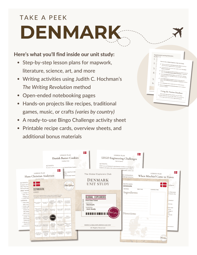 Preview of the Denmark Unit Study, part of the Global Explorers Club's literature-based geography curriculum featuring hands-on cultural activities for kids