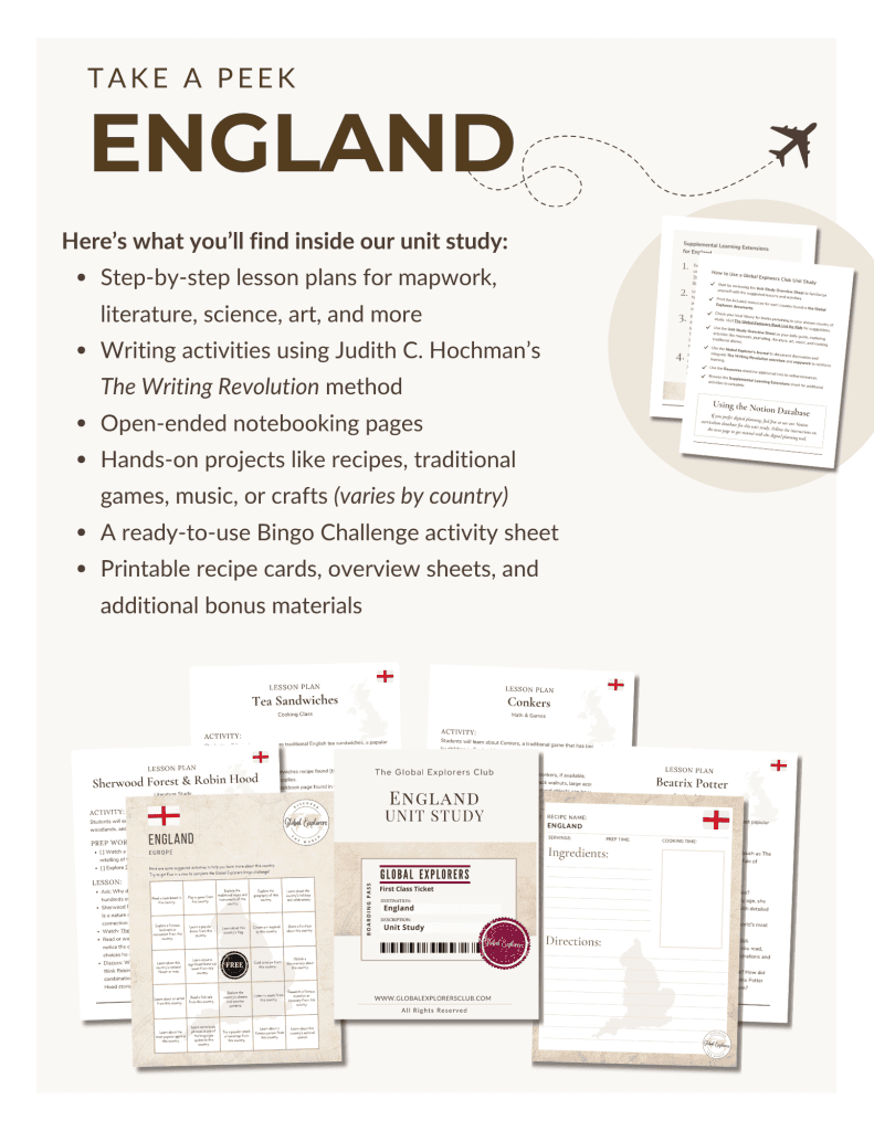 Preview of the England Unit Study, part of the Global Explorers Club's literature-based geography curriculum featuring hands-on cultural activities for kids