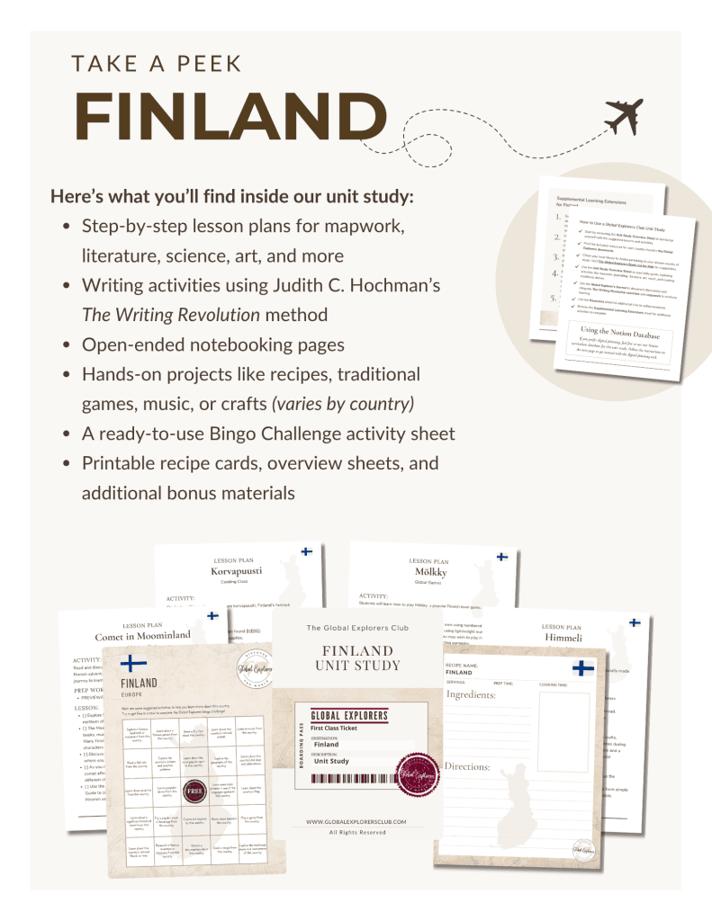 Preview of the Finland Unit Study, part of the Global Explorers Club's literature-based geography curriculum featuring hands-on cultural activities for kids