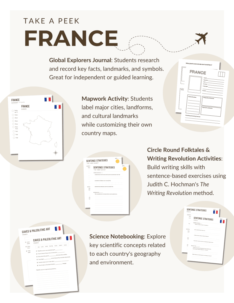 Preview of the France Unit Study, part of the Global Explorers Club's literature-based geography curriculum featuring hands-on cultural activities for kids