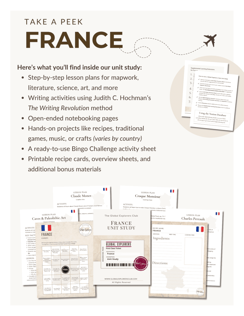 Preview of the France Unit Study, part of the Global Explorers Club's literature-based geography curriculum featuring hands-on cultural activities for kids
