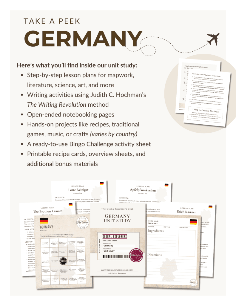Preview of the Germany Unit Study, part of the Global Explorers Club's literature-based geography curriculum featuring hands-on cultural activities for kids