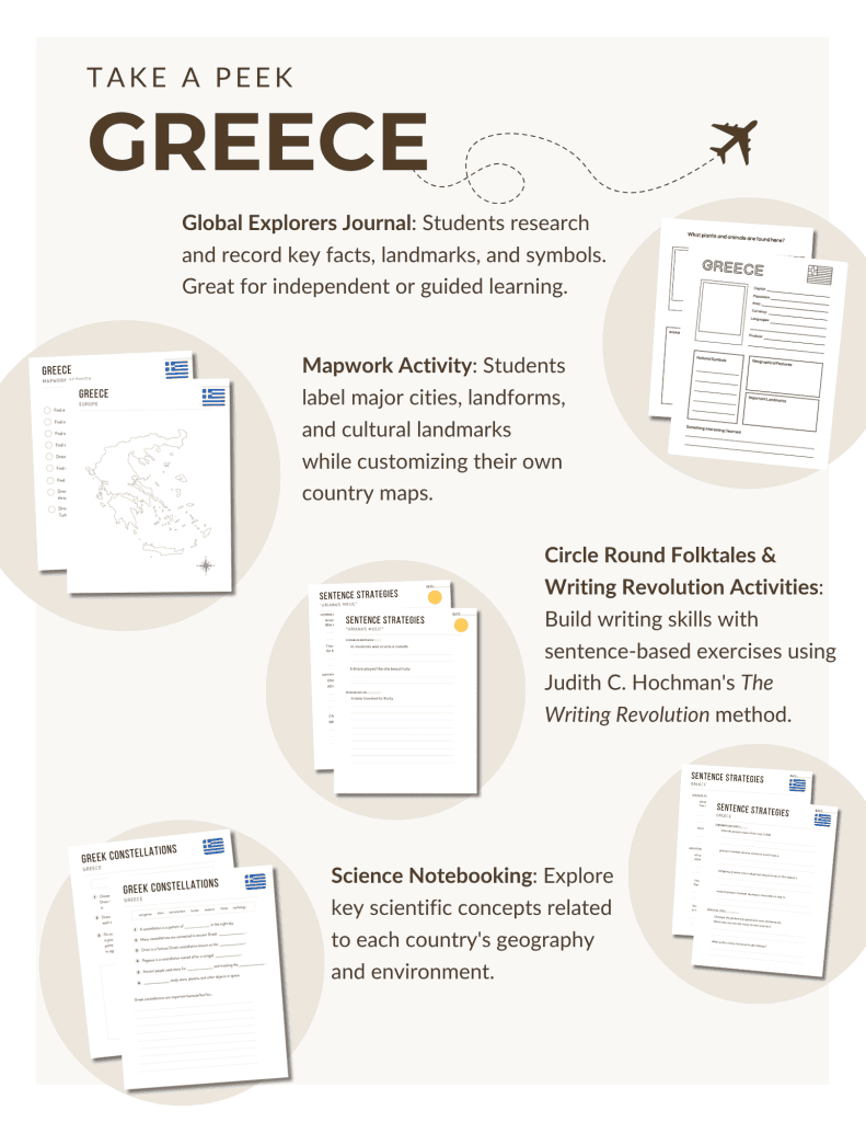 Preview of the Greece Unit Study, part of the Global Explorers Club's literature-based geography curriculum featuring hands-on cultural activities for kids