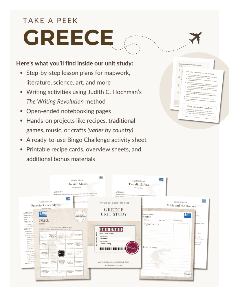 Preview of the Greece Unit Study, part of the Global Explorers Club's literature-based geography curriculum featuring hands-on cultural activities for kids