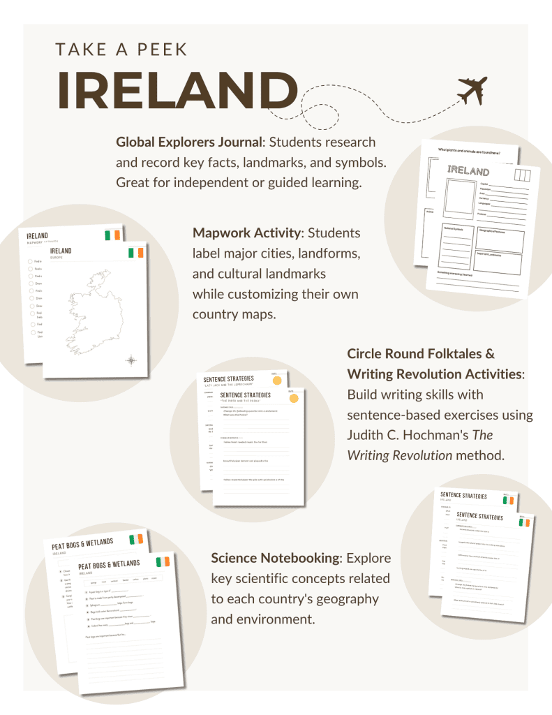 Preview of the Ireland Unit Study, part of the Global Explorers Club's literature-based geography curriculum featuring hands-on cultural activities for kids
