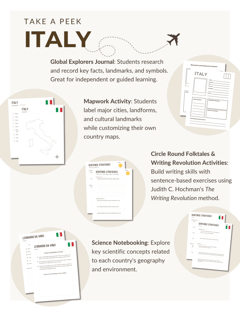 Preview of the Italy Unit Study, part of the Global Explorers Club's literature-based geography curriculum featuring hands-on cultural activities for kids