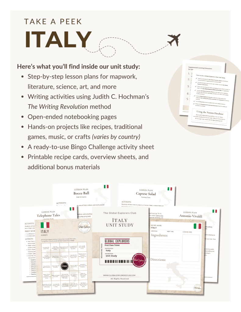 Preview of the Italy Unit Study, part of the Global Explorers Club's literature-based geography curriculum featuring hands-on cultural activities for kids