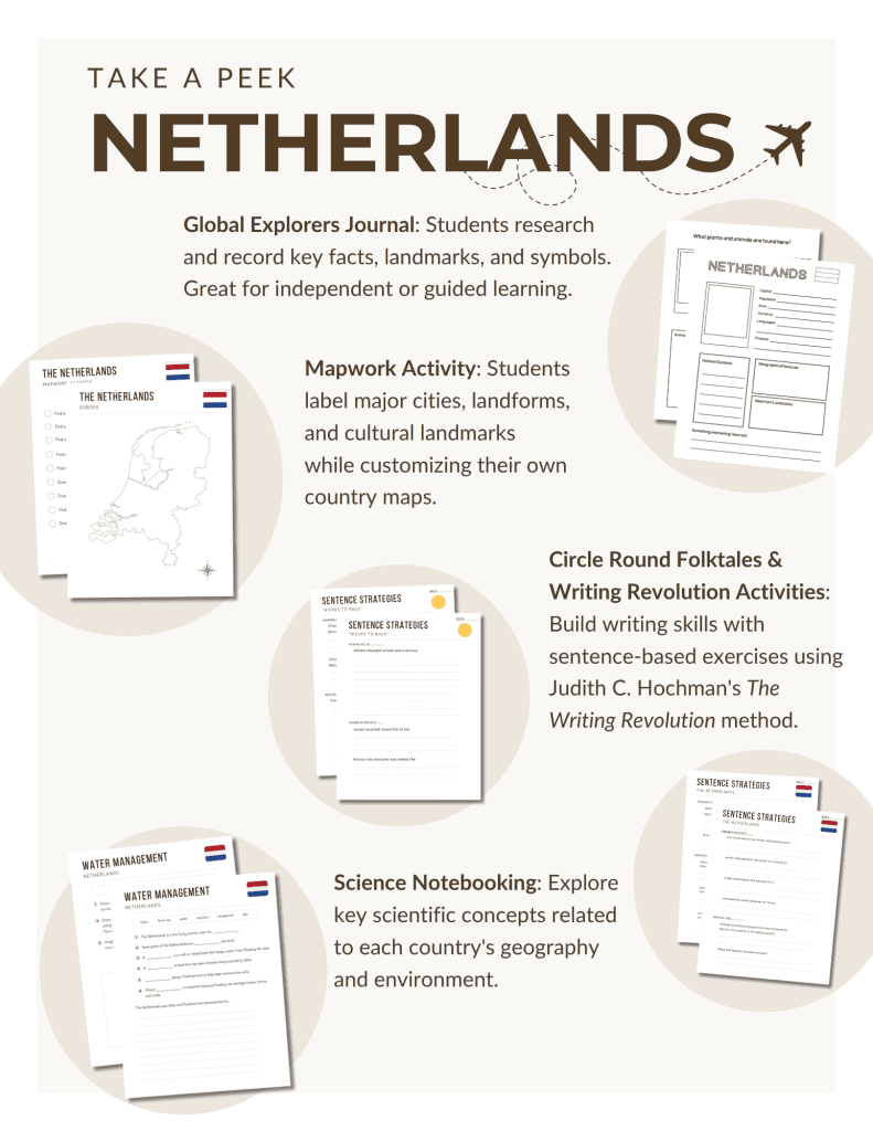 Preview of the Netherlands Unit Study, part of the Global Explorers Club's literature-based geography curriculum featuring hands-on cultural activities for kids