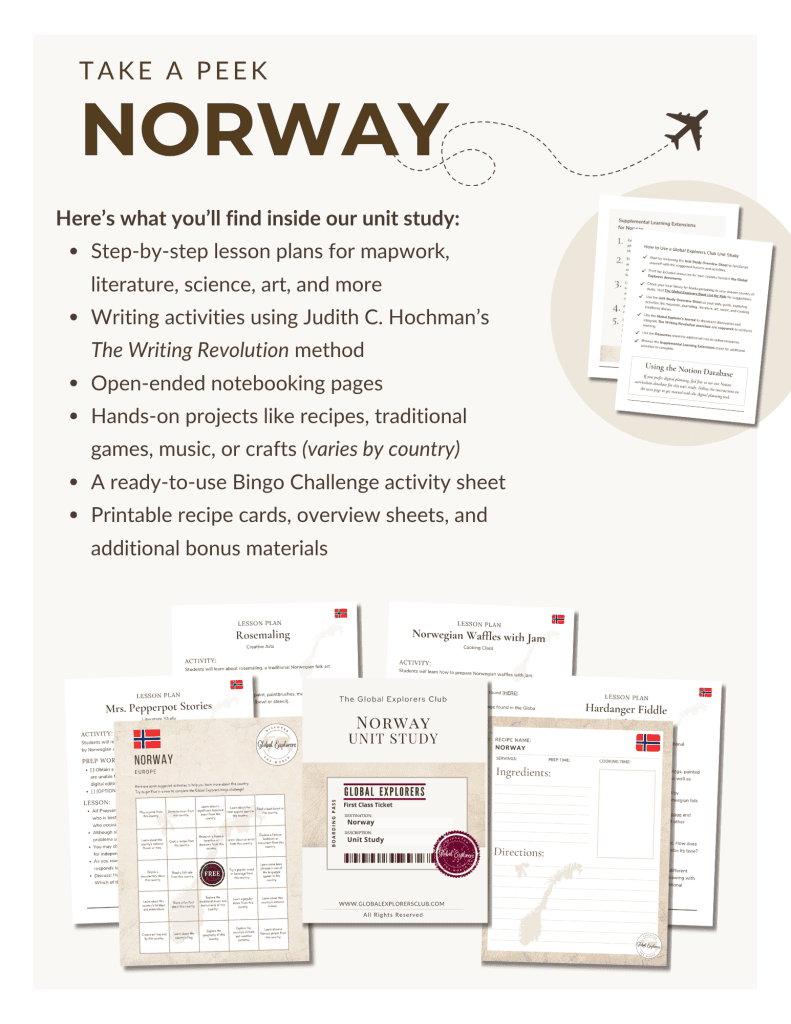 Preview of the Norway Unit Study, part of the Global Explorers Club's literature-based geography curriculum featuring hands-on cultural activities for kids