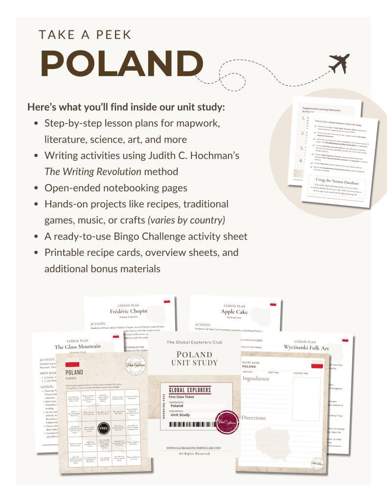 Preview of the Poland Unit Study, part of the Global Explorers Club's literature-based geography curriculum featuring hands-on cultural activities for kids