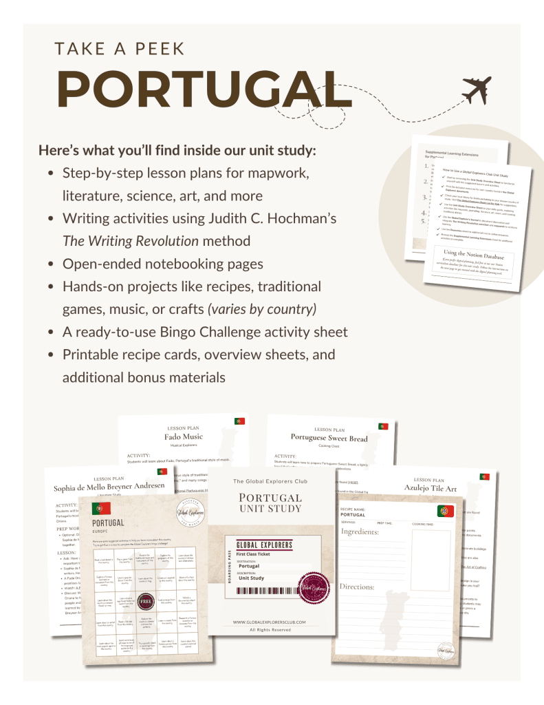 Preview of the Portugal Unit Study, part of the Global Explorers Club's literature-based geography curriculum featuring hands-on cultural activities for kids
