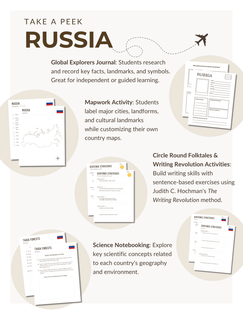 Preview of the Russia Unit Study, part of the Global Explorers Club's literature-based geography curriculum featuring hands-on cultural activities for kids