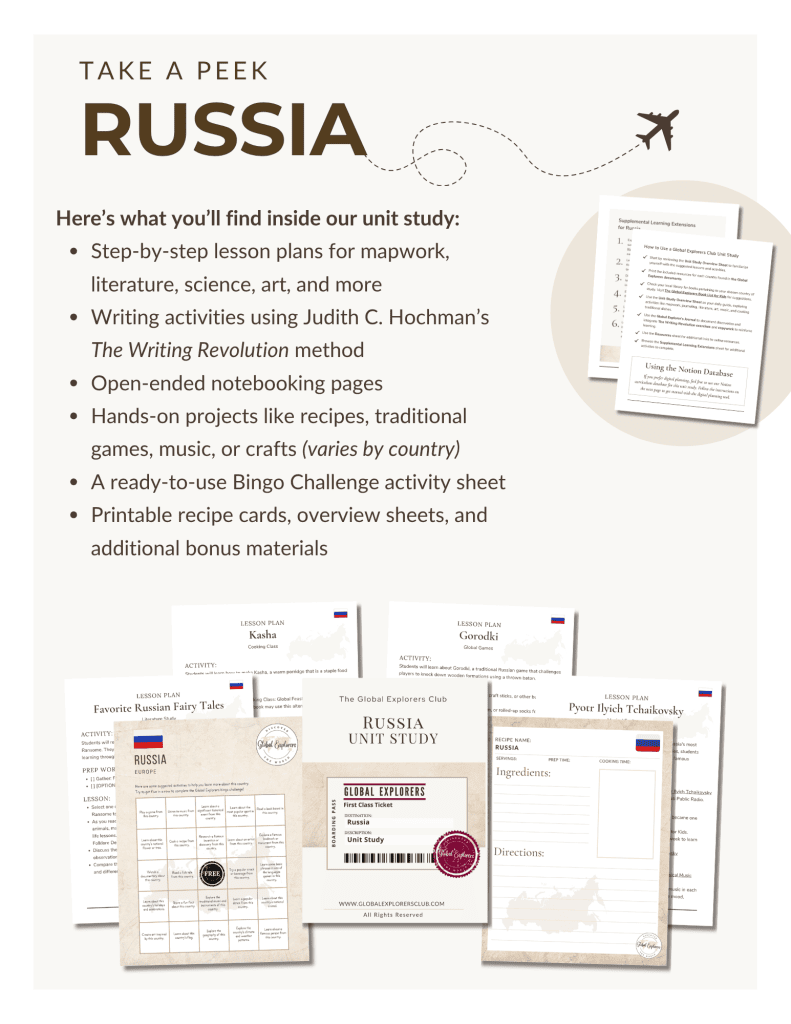 Preview of the Russia Unit Study, part of the Global Explorers Club's literature-based geography curriculum featuring hands-on cultural activities for kids