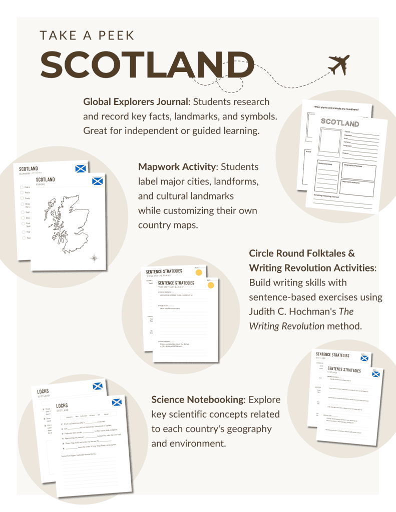 Preview of the Scotland Unit Study, part of the Global Explorers Club's literature-based geography curriculum featuring hands-on cultural activities for kids