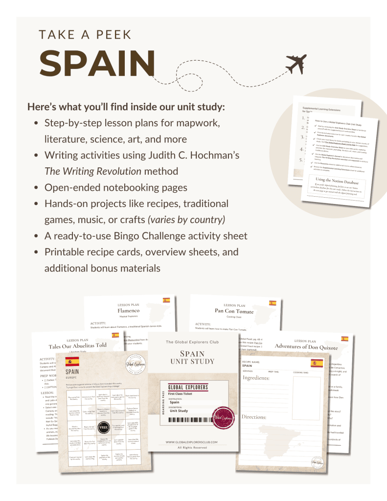 Preview of the Spain Unit Study, part of the Global Explorers Club's literature-based geography curriculum featuring hands-on cultural activities for kids