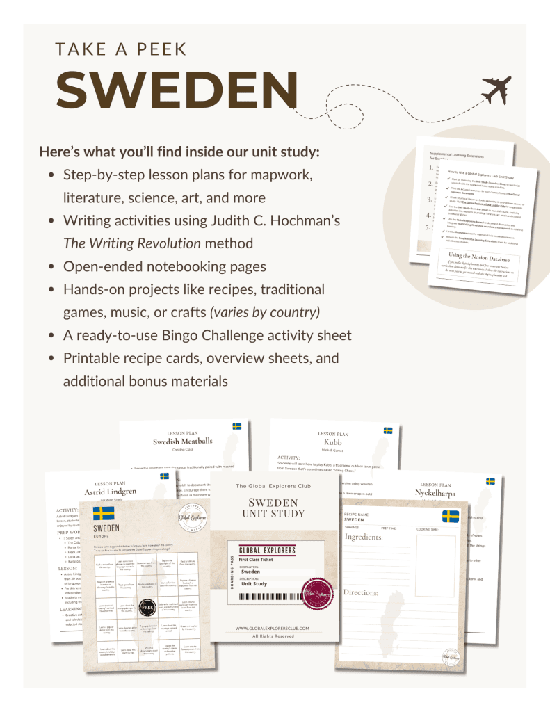Preview of the Sweden Unit Study, part of the Global Explorers Club's literature-based geography curriculum featuring hands-on cultural activities for kids