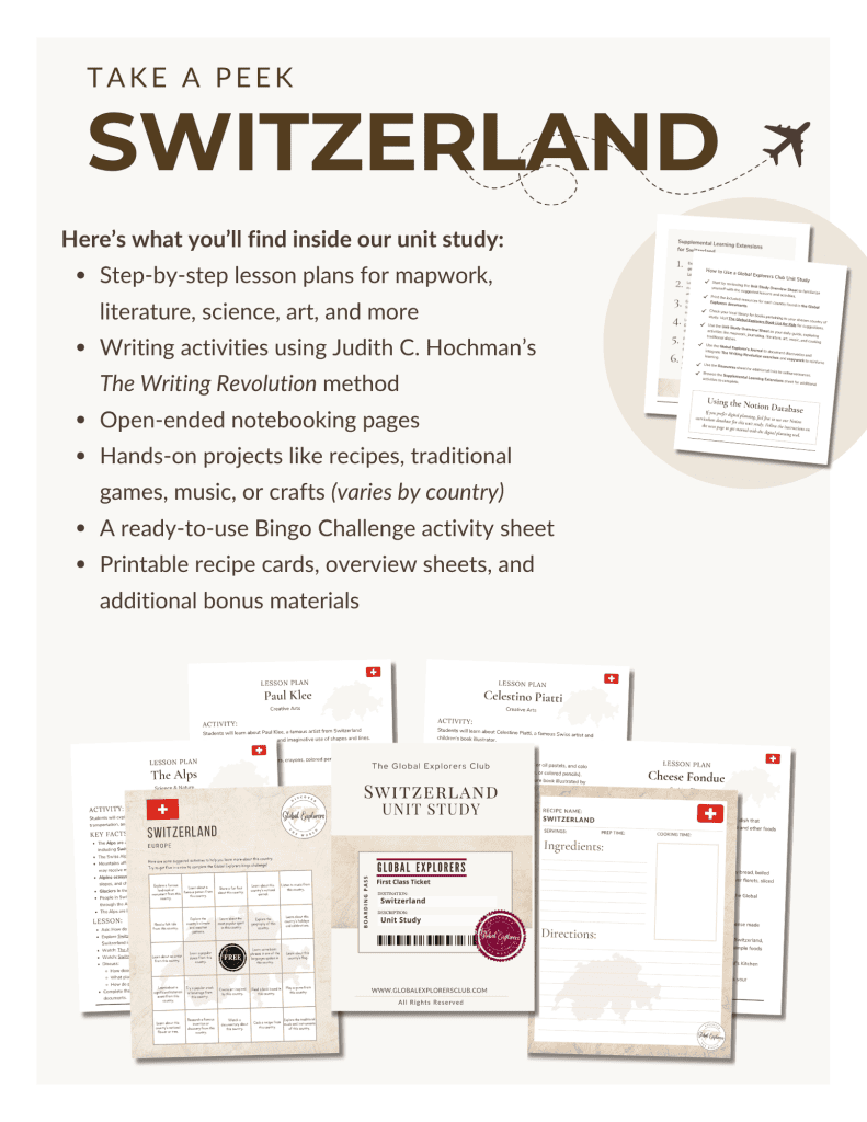 Preview of the Switzerland Unit Study, part of the Global Explorers Club's literature-based geography curriculum featuring hands-on cultural activities for kids