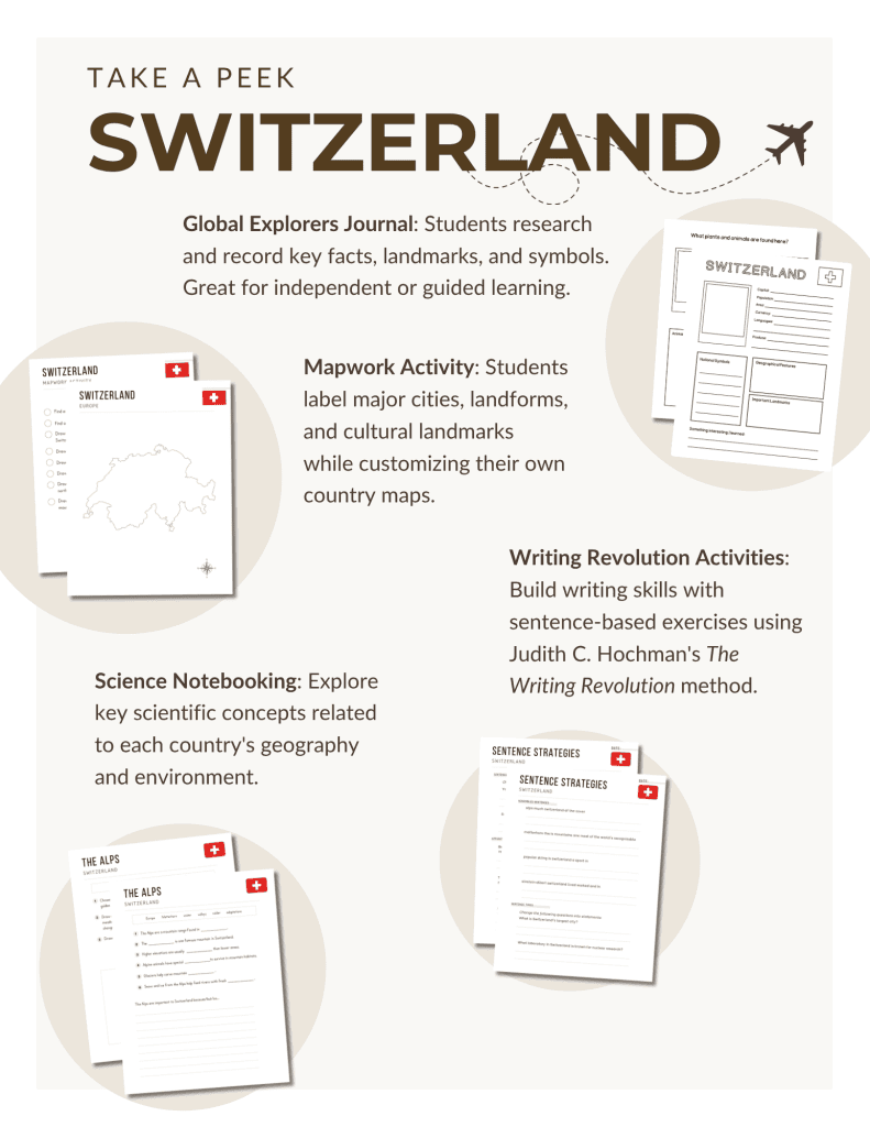 Preview of the Switzerland Unit Study, part of the Global Explorers Club's literature-based geography curriculum featuring hands-on cultural activities for kids