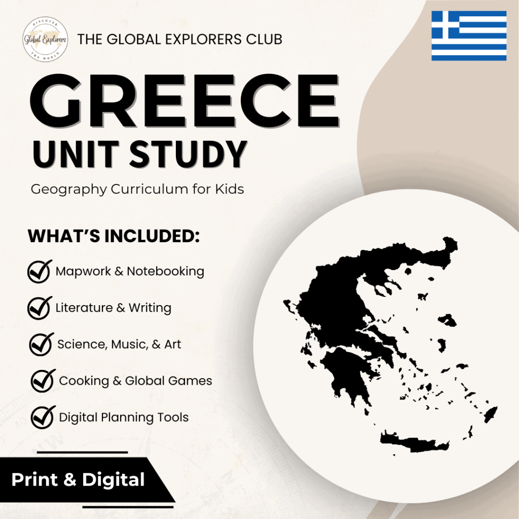 Greece unit study, a literature-based geography curriculum featuring hands-on cultural activities for kids