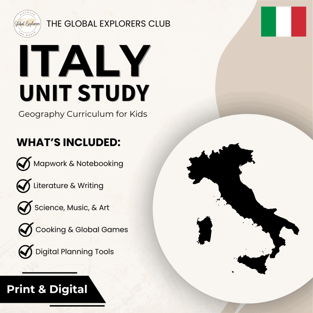 Italy unit study, a literature-based geography curriculum featuring hands-on cultural activities for kids