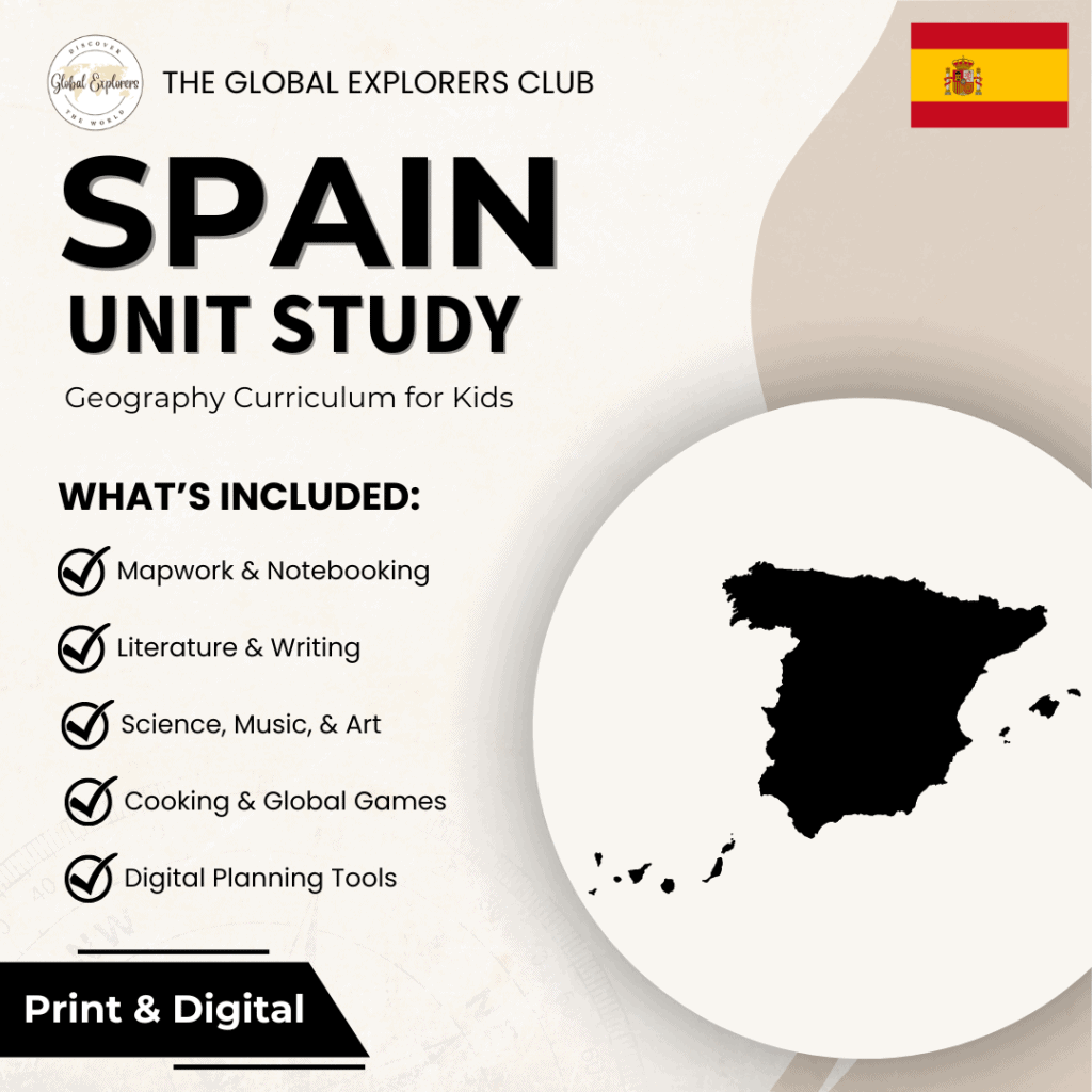 Spain unit study, a literature-based geography curriculum featuring hands-on cultural activities for kids