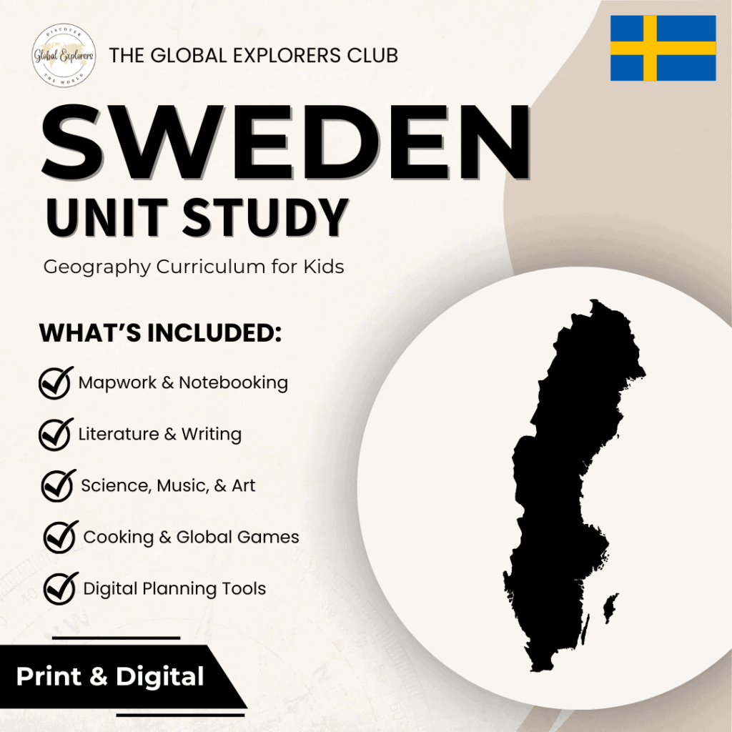 Sweden unit study, part of the Global Explorers Club literature-based world geography curriculum.