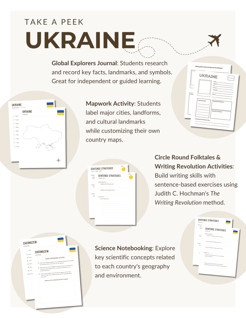 Preview of the Ukraine Unit Study, part of the Global Explorers Club's literature-based geography curriculum featuring hands-on cultural activities for kids
