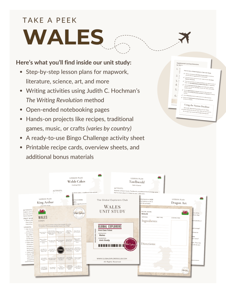 Preview of the Wales Unit Study, part of the Global Explorers Club's literature-based geography curriculum featuring hands-on cultural activities for kids