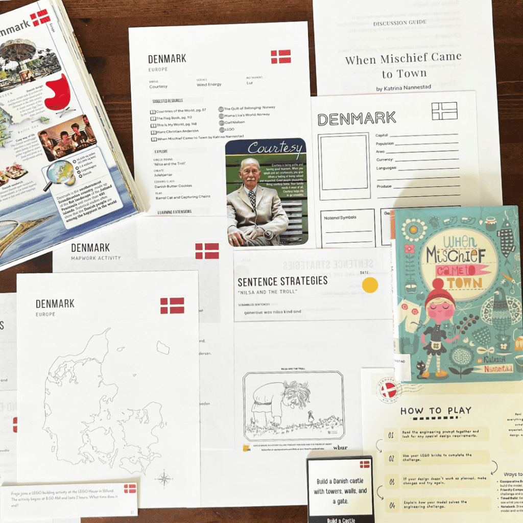 Denmark Unit Study, part of the Global Explorers Club's literature-based world geography curriculum, featuring hands-on cultural activities for kids
