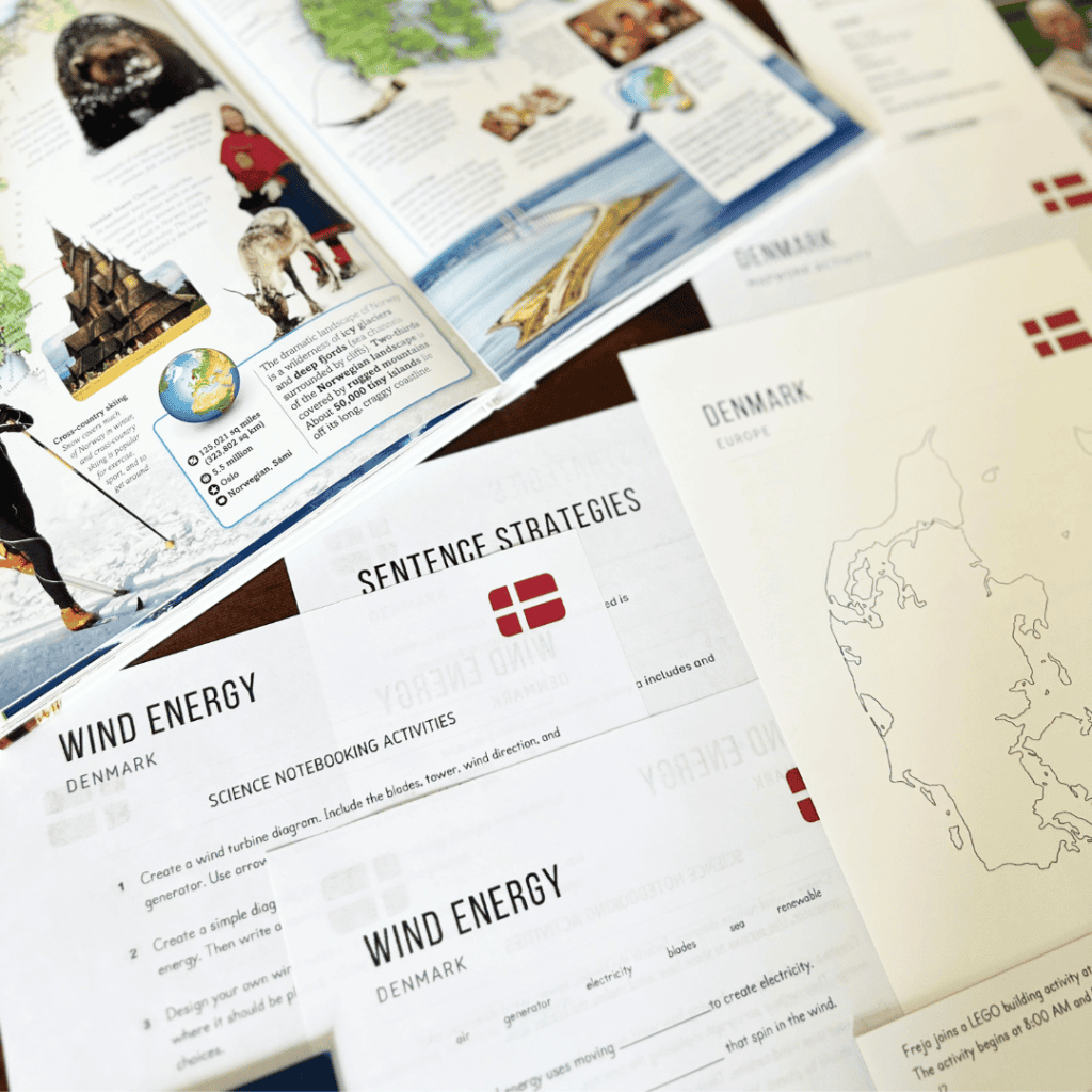 Denmark Unit Study, part of the Global Explorers Club's literature-based world geography curriculum, featuring hands-on cultural activities for kids