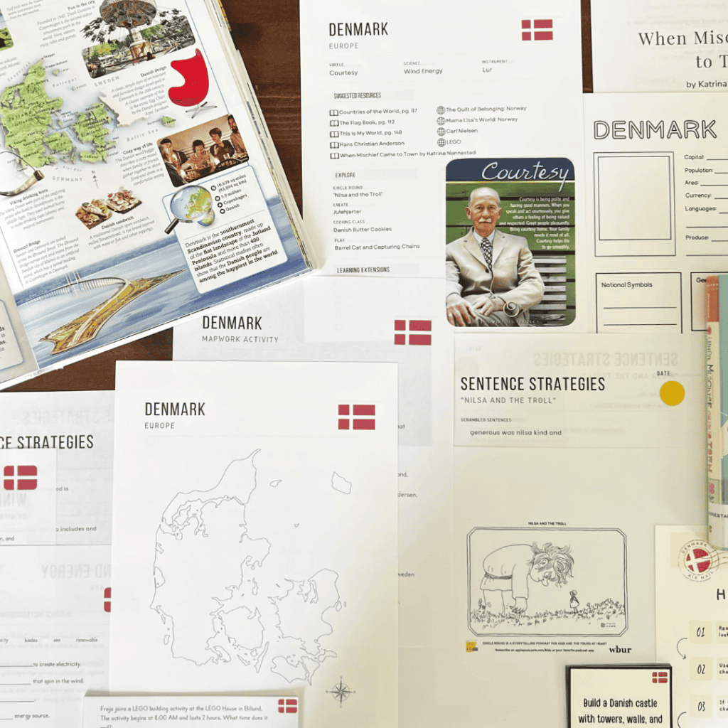 Denmark Unit Study, part of the Global Explorers Club's literature-based world geography curriculum, featuring hands-on cultural activities for kids
