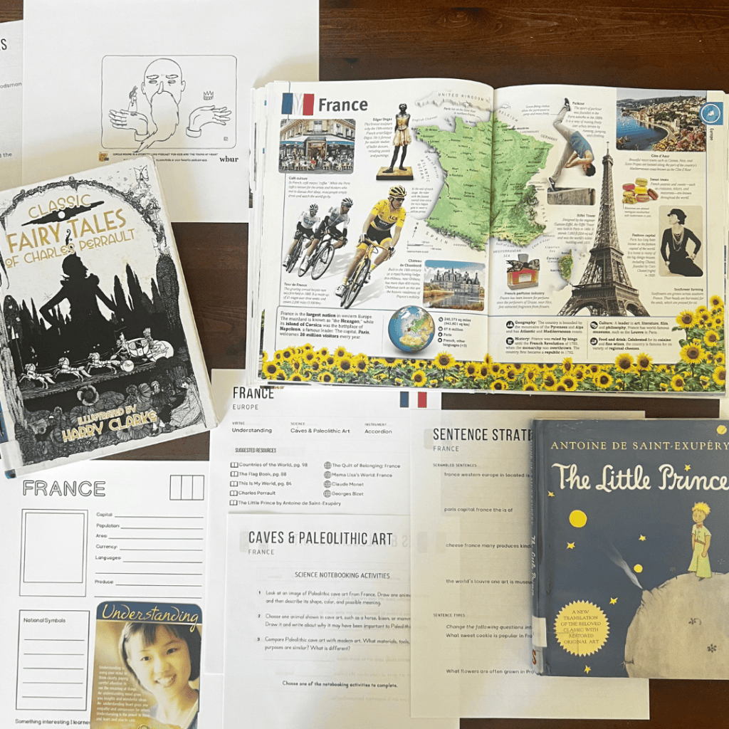 France unit study, part of the Global Explorers Club's literature-based homeschool geography curriculum filled with books, mapwork, art, music, science, and hands-on cultural activities for kids.